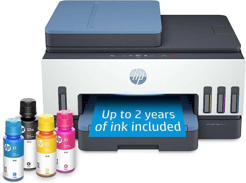 Photo 1 of HP Smart -Tank 7602 Wireless All-in-One Cartridge-free Ink Printer, up to 2 years of ink included, mobile print, scan, copy, fax, auto doc feeder, featuring an app-like magic touch