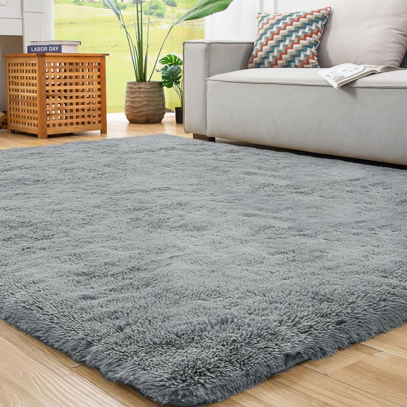 Photo 1 of  Area Rug for Living Room, 8x10 Fluffy Rugs for Bedroom, Non Slip Carpet for Dorm Room, Shag Rug for Playroom, Fuzzy Rug for Kids Room, Large Light Grey Gray Rug