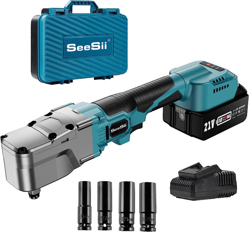 Photo 1 of Seesii 1/2'' Cordless Right Angle Impact Wrench,220Ft-lbs(300N.m) & Brushless Motor Impact Wrench,w/4.0Ah Rechargable Battery 2 Speed Adjustable & 4 Sockets Compact Size for Tight Space Lightduty Work