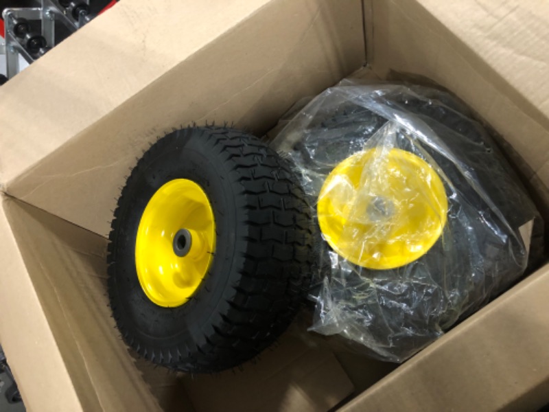 Photo 2 of (2 Pack) AR-PRO Exact Replacement 15" x 6.00-6" Front Tire and Wheel Assemblies for John Deere Riding Mowers - Compatible with John Deere 100 and D100 Series - 3” Centered Hub and 3/4” Bushings 15 x 6.00-6" Yellow