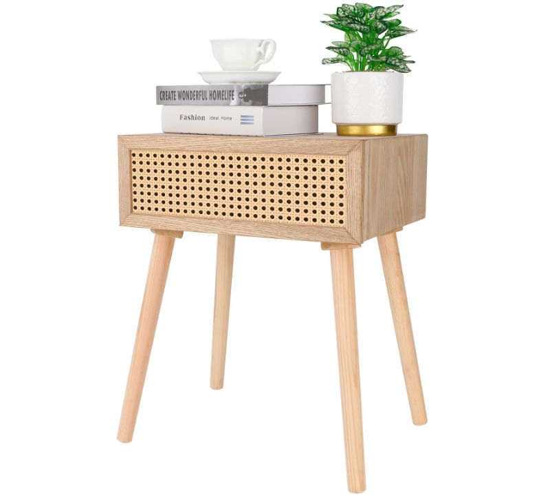 Photo 1 of AWASEN White Nightstand with Drawer, Rattan Side Table for Bedroom, Modern End Table with Storage and Solid Wood Legs for Living Room, Easy Assembly(White)