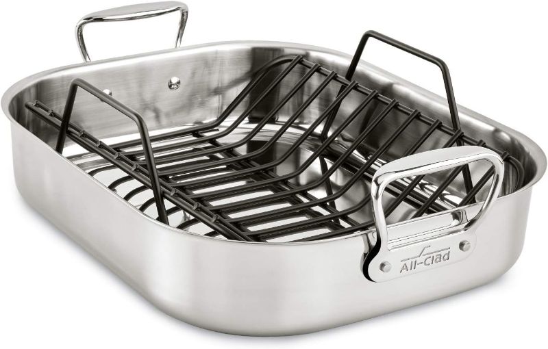 Photo 1 of All-Clad Specialty Stainless Steel Roaster and Nonstick Rack 14.5x18 Inch Oven Broiler Safe 600F Roaster Pan, Pots and Pans, Cookware Silver
