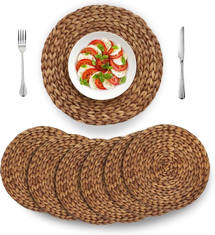 Photo 1 of (4 Sizes: 12"-13"-14"-15") BARIEN Brown Woven Placemats Round Set of 6, Natural Water Hyacinth Weave Placemat for Dining Table, Large Handmade Woven Placemats Heat Resistant Non-Slip (15" - Set of 6) 6 15"