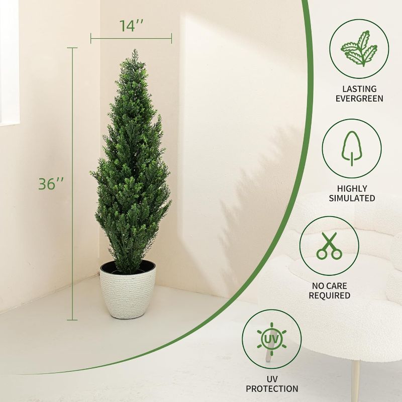 Photo 1 of  3ft Artificial Cedar Topiary Trees, Outdoor Faux Arborvitae Plants UV Resistant, Anti-Fading, Lasting Evergreen Pine Shrubs for Indoor, Front Porch, Office Decor