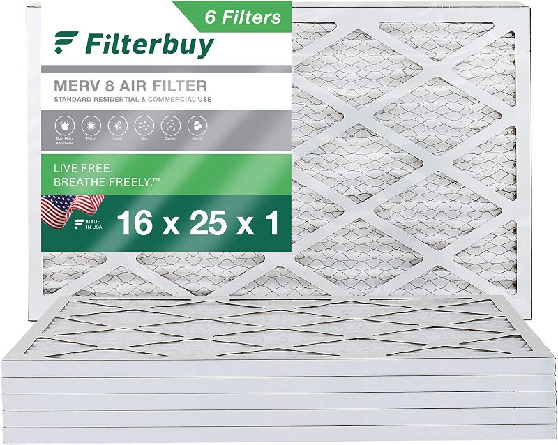 Photo 1 of 
Filterbuy 16x25x1 Air Filter MERV 8 Dust Defense (6-Pack), Pleated HVAC AC Furnace Air Filters Replacement (Actual Size: 15.50 x 24.50 x 0.75 Inches)