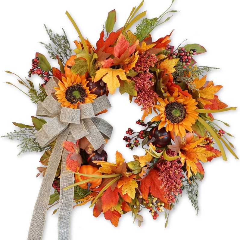 Photo 1 of 
Fall Wreaths for Front Door, Sunflower Autumn Wreath, Pumpkins and Burlap Bows, for Halloween Christmas Farmhouse Indoor Outdoor Outside