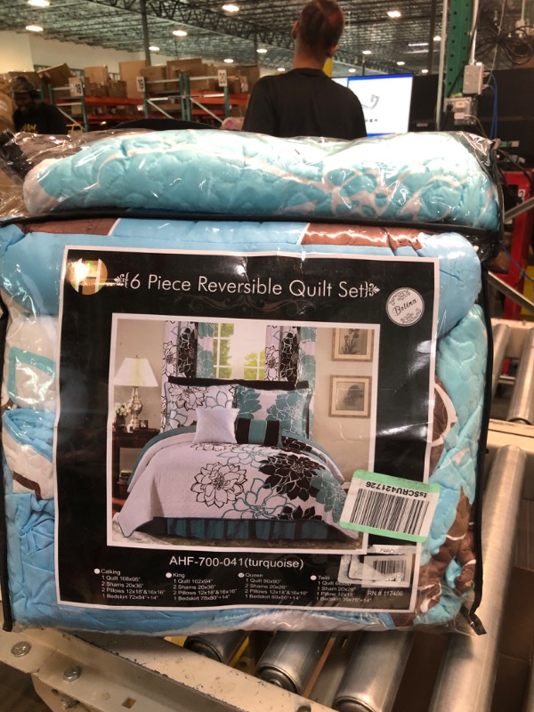 Photo 1 of All American Collection New 6pc Flower Printed Reversible Bedspread Set with Dust Ruffle (Queen Size, Turquoise/Brown) QUEEN 6PC Turquoise/ Brown