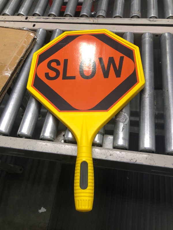 Photo 3 of Large 25" Plastic Handle Stop Sign 1Pack Yellow STOP SLOW Sign Double Sided Traffic Sign with Handle UV & Waterproof for Indoor & Outdoor