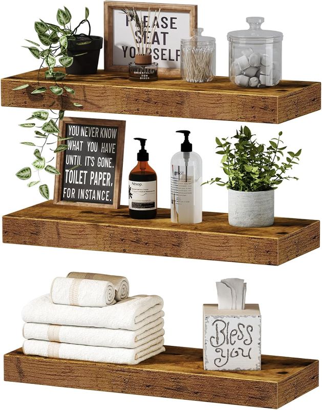 Photo 1 of  Floating Shelves Bathroom Shelf Bedroom Kitchen Farmhouse Small Book Shelf for Wall 23 inch Set of 3, Rustic Brown (015-BN3)
***Stock photo shows a similar item, not exact***