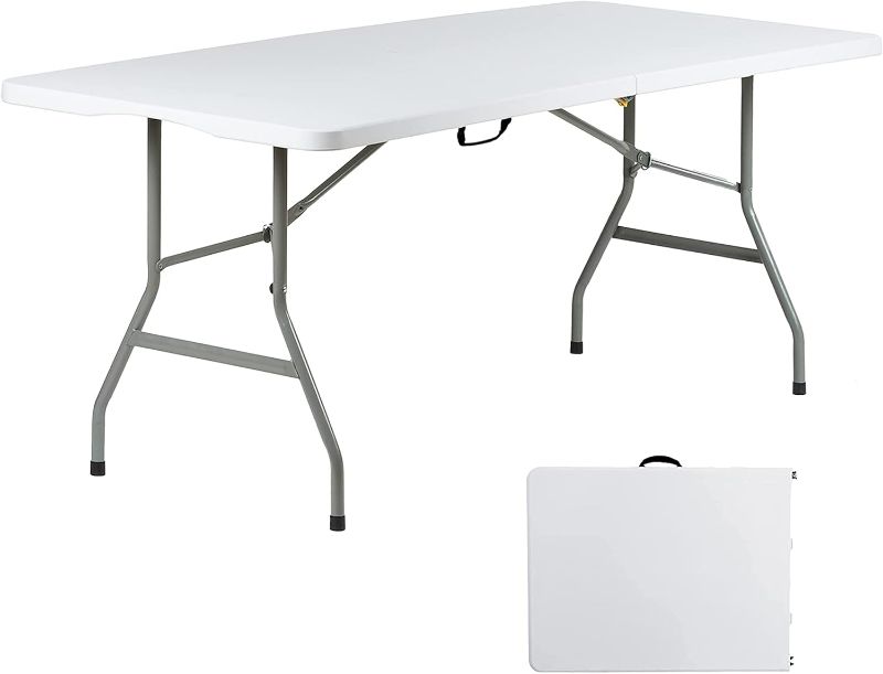 Photo 1 of 6 Foot Folding Table 6ft Portable Plastic Tables for Party, Fold-in-Half Foldable Heavy Duty Table, 6’Utility Dining Card Long Table, Indoor Outdoor Folded up for Picnic, Camping, White, Large