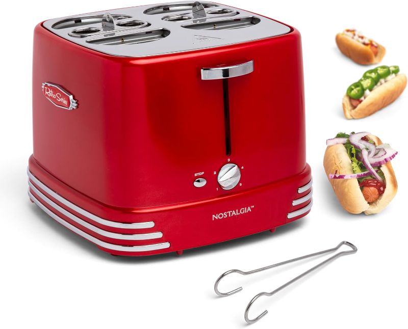 Photo 1 of Nostalgia 4 Slot Hot Dog and Bun Toaster with Mini Tongs, Hot Dog Toaster Works with Chicken, Turkey, Veggie Links, Sausages and Brats, Metallic Red
***No  tongs***