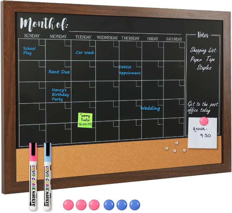 Photo 1 of 4 THOUGHT Chalkboard Calendar and Cork Board Combo, 24" x 36" Bulletin Combination Blackboard Monthly Planner Rustic Wood Frame 2 Liquid Markers 4 Pushpins for Office Home School
***No liquid markers***