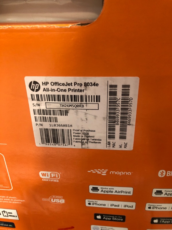 Photo 1 of HP OfficeJet Pro 8034e Wireless Color All-in-One Printer with 1 Full Year Instant Ink,White