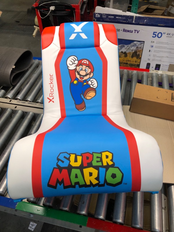 Photo 3 of X Rocker Super Mario Video Gaming Pedestal Chair, Official All-Star Edition Nintendo Collectible, 2 Speakers, Subwoofer, Foldable, 5001601, 27.56" x 21.65" x 37.4", Blue, White with Red