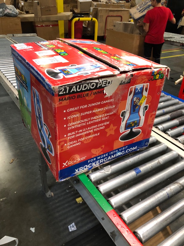 Photo 1 of X Rocker Super Mario Video Gaming Pedestal Chair, Official All-Star Edition Nintendo Collectible, 2 Speakers, Subwoofer, Foldable, 5001601, 27.56" x 21.65" x 37.4", Blue, White with Red