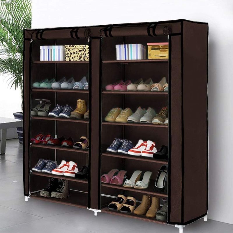 Photo 1 of Blissun 7 Tier Shoe Rack Storage Organizer, 36 Pairs Portable Double Row Shoe Rack Shelf Cabinet Tower for Closet with Nonwoven Fabric Cover, Brown
