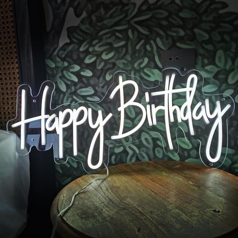 Photo 1 of Happy Birthday Neon Signs, Large Birthday Neon Sign for Wall Decor, Led Birthday Light Sign, Birthday Party Decorations, Size 23.6 x 11.8 inches (Cold White-1 Line)
