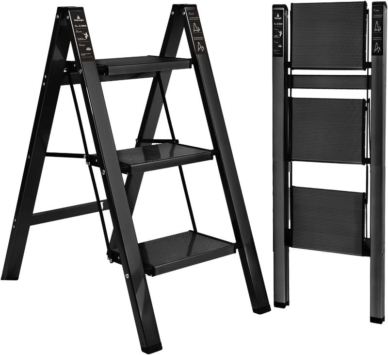 Photo 1 of 3 Step Ladder EFFIELER Folding Step Stool with Wide Anti-Slip Pedal, 500 lbs Sturdy Steel Ladder, Convenient Handgrip, Lightweight, Portable Steel Step Stool for Household, Kitchen,Office Step Ladder Matte Black 3-Step