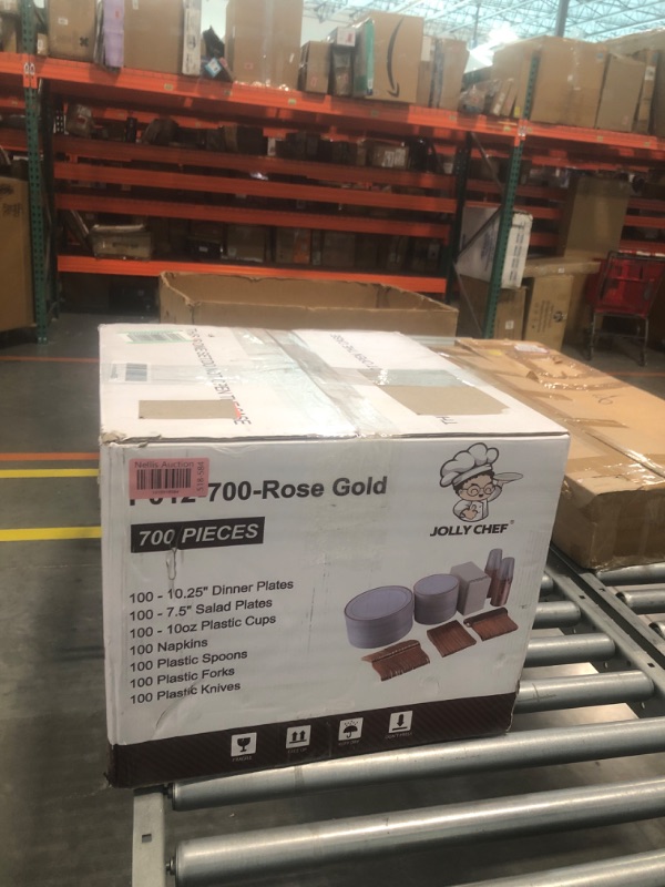 Photo 1 of 700 Piece Rose Gold Dinnerware Set-200 Gold Plastic Plates-300 Rose Gold Plastic Silverware-100 Rose Gold Plastic Cups-100 Disposable Hand Towel-Disposable Dinnerware for Halloween, Thanksgiving