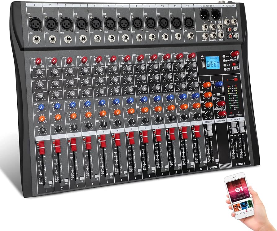 Photo 1 of 12-Channel Wireless Audio Mixer,Professional DJ Equipment, Console with Bluetooth USB, DJ Mixer with Effects, Sound Board with 48V Power, RCA Input/Output for Professional and Beginners (12-Channel