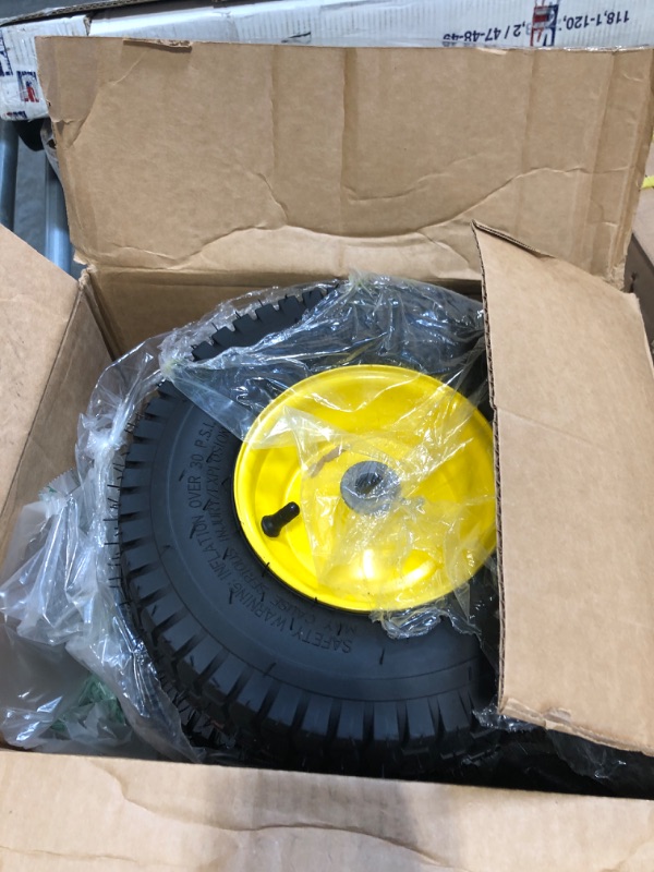 Photo 2 of (2 Pack) AR-PRO Exact Replacement 15" x 6.00-6" Front Tire and Wheel Assemblies for John Deere Riding Mowers - Compatible with John Deere 100 and D100 Series - 3” Centered Hub and 3/4” Bushings 15 x 6.00-6" Yellow