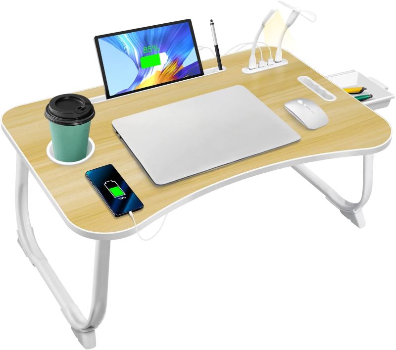 Photo 1 of Laptop Bed Desk,Lap Desk Bed Table Tray with USB Charge Port,Cup Holder and Storage Drawer,Portable Laptop Stand for Bed Sofa Floor Working Writing Reading (Wooden)