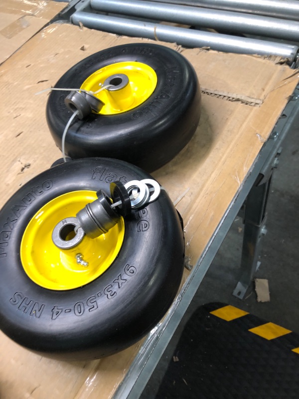 Photo 1 of MaxAuto 2PCS 9x3.50-4" Flat Free Lawnmower Tire on Wheel, 3.5" Centered Hub, 3/4" Bushings(Universal Adapter Kit Include: 2pcs 5/8" Sintered Iron Bushings, 2pcs 1/4" Nylon Spacers, 4pcs Steel Washers)