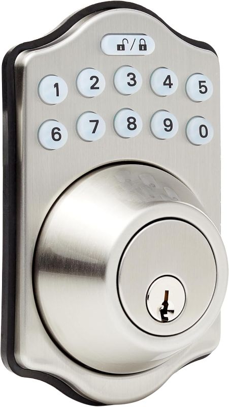 Photo 1 of Amazon Basics Traditional Electronic Keypad Deadbolt Door Lock with Touch-Control Keyless Entry, Keyed Entry Option, Satin Nickel