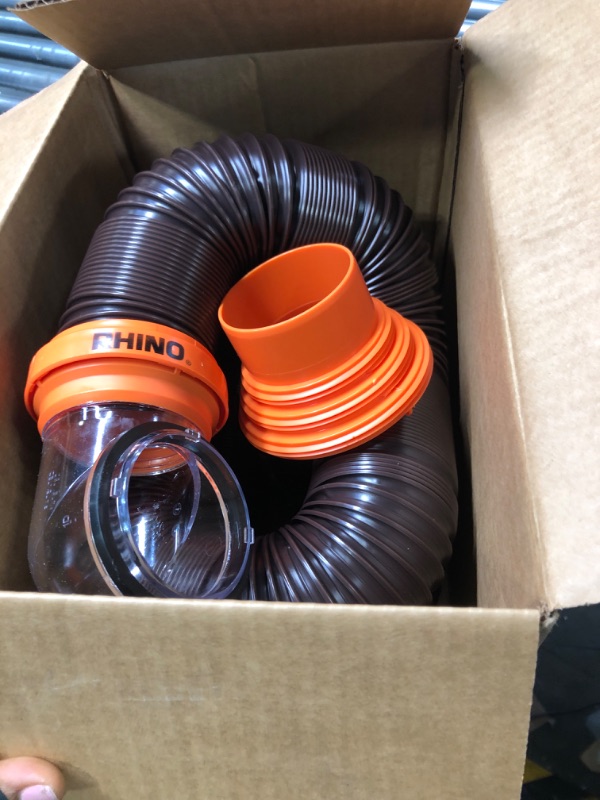 Photo 3 of Camco RhinoFLEX RV Sewer Hose Kit with Swivel Transparent Elbow and 4-in-1 Dump Station Fitting, Brown, 15 Feet (39770) 15ft Sewer Hose Kit Frustration-Free Packaging