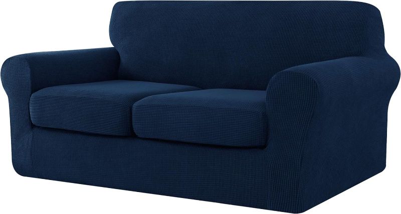 Photo 1 of CHUN YI 5 Piece Stretch Loveseat Sofa Cover, 2 Seater Couch Slipcover with Two Separate Backrests and Cushions with Elastic Band, Checks Spandex Jacquard Fabric(Medium,Dark Blue)