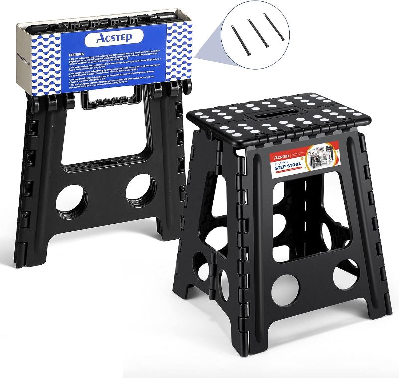 Photo 1 of ACSTEP Folding Step Stool 16 Inch Stool Heavy Duty Plastic Foldable Step Stools for Adults and Kids, Stepping Stool with Handle, Folding Stool Suitable for Kitchen Hold Up to 400lbs (Black 1PC)