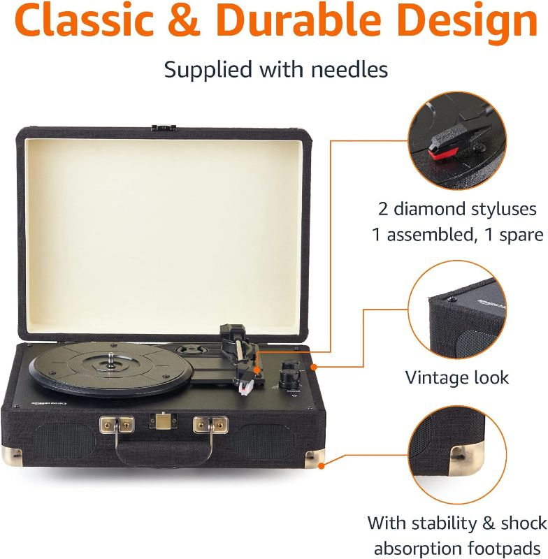 Photo 1 of Amazon Basics Turntable Record Player with Built-in Speakers and Bluetooth, Suitcase, Black