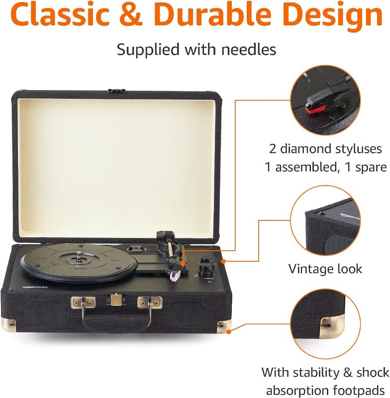 Photo 1 of *NO POWER CORD* Amazon Basics Turntable Record Player with Built-in Speakers and Bluetooth, Suitcase, Black