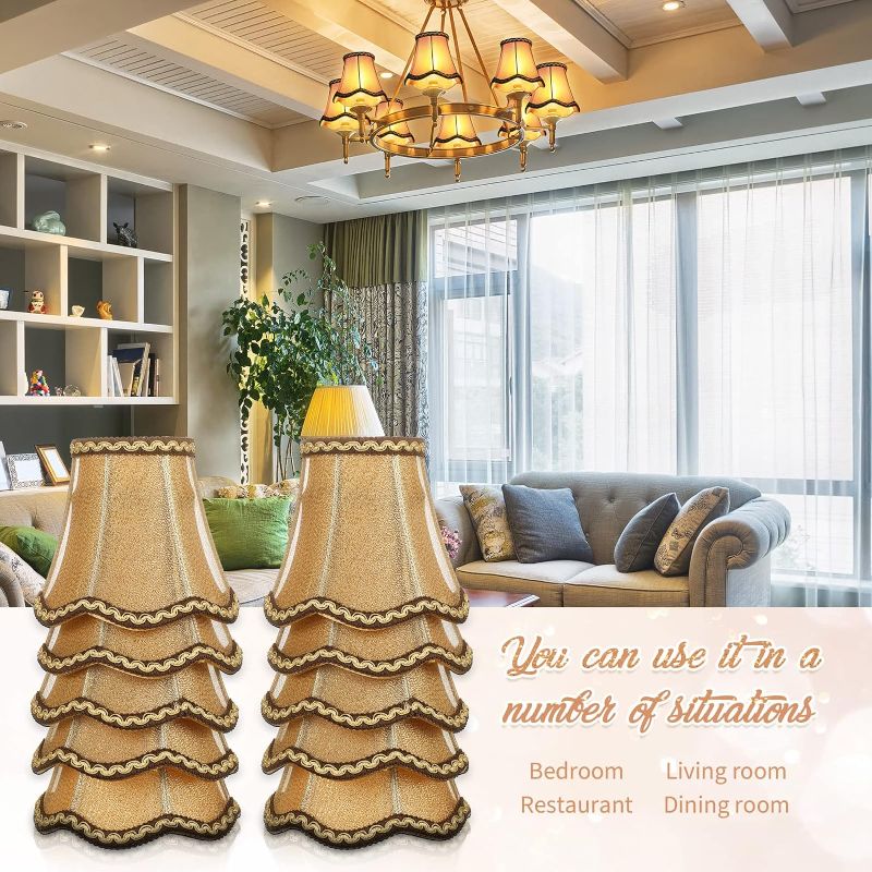 Photo 1 of 10 Pcs Shades for Chandeliers European Small Lamp Shade Chandelier Clip on Fabric Drum Lamp Shade Mini Rustic Light Shade Cover for Table Candle Wall Light Replacement, 3.1 x 5.5 x 4.7 Inch(Golden)