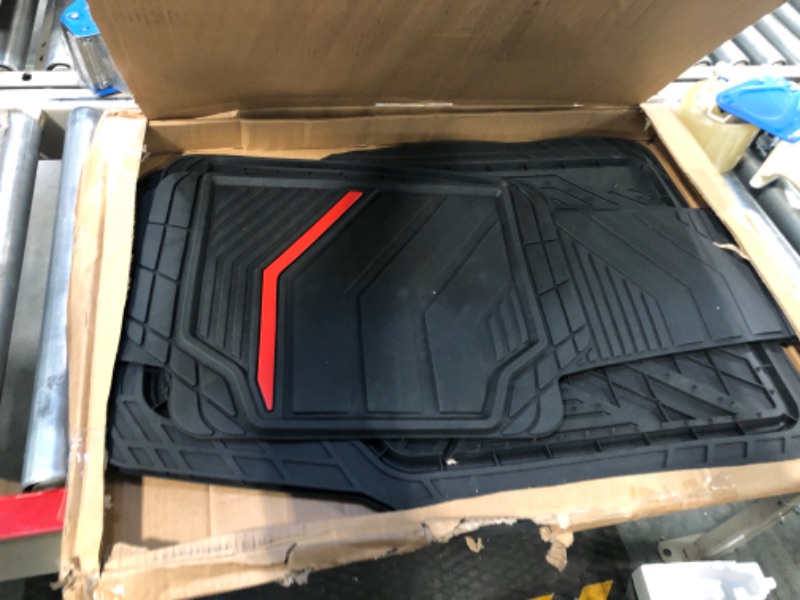 Photo 1 of Dickies 3-Piece Floor Mats, Heavy-Duty Rubber Liners, All-Weather Auto Protection, Anti-Slip Design, All-Season Trim-to-Fit Custom, Automotive Mats for Vehicles, Cars, Trucks, SUVs (Black/Red) 3-Piece Black-Red Rubber Floor Mats