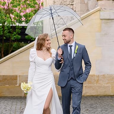 Photo 1 of 3 Pack Clear Umbrella Wedding Auto Open Clear Dome Bubble Umbrella Windproof Transparent Umbrella with J Hook Handle for Weddings, Prom, Graduation and Outdoor Events (Black Handle)