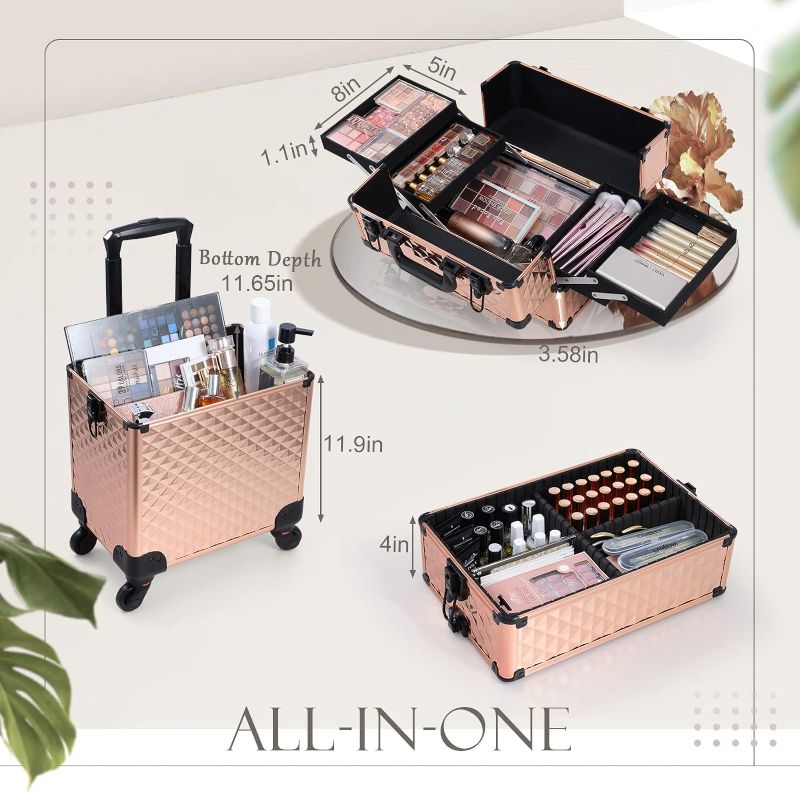 Photo 1 of Adazzo 3 in 1 Professional Rolling Makeup Train Case Aluminum Trolley Case with 360° Rotation Wheels for Makuep Artist Cosmetic Suitcase Organizer with Lock and Key Diamond Pattern - Rose Gold
