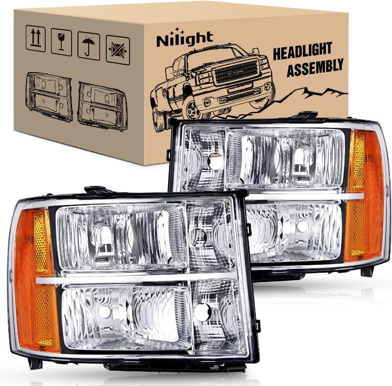 Photo 1 of Nilight Headlight Assembly Compatible for 2007 2008-2013 GMC Sierra 1500 2008-2014 GMC Sierra 2500 HD 3500 HD Chrome Housing Amber Corner Clear Lens, Headlights Assembly Replacement