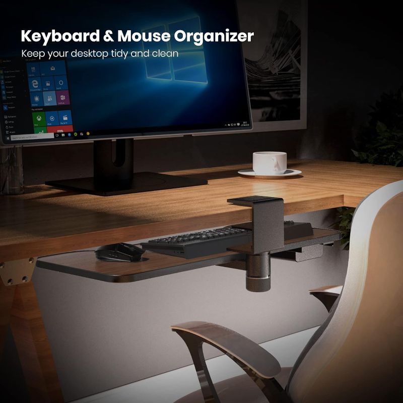 Photo 1 of Keyboard Tray Under Desk,360 Rotating Keyboard&Mouse Tray with Drawer,Yikola Desk Extender Adjustable C-Clamp, Ergonomic Platform Tray Under Table,No Drilling Install 23.54'' x 9.8''in-Walnut Pattern