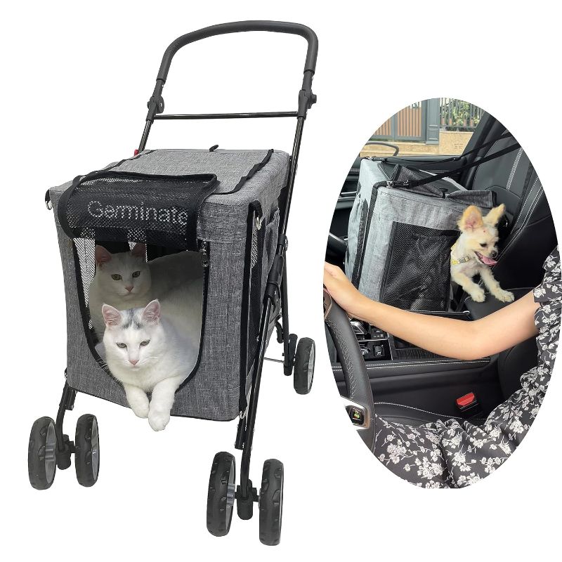 Photo 1 of 3 in 1 Double Cat Stroller Detachable Carrier Small Medium 30 Lbs 2 Two Dog Pet Doggy Puppy Travel Foldable Carriage (Grey)