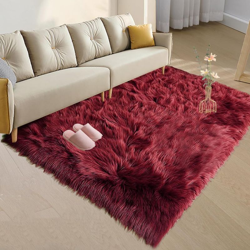 Photo 1 of 
Roll over image to zoom in







Soft Fluffy Faux Sheepskin Fur Area Rugs for Bedroom Living Room, Luxury Rug Floor Mat Luxury Beside Carpet for Girls Kids Nursery Room Pet Carpet Home Decor Floor Mat, 4ft x 6ft Burgundy