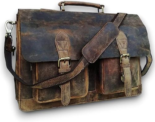 Photo 1 of Buff Messenger Retro Style Bag - Vintage Genuine Buffalo Leather, 18x13x4 inches, Dark Greenish/Brown Shade