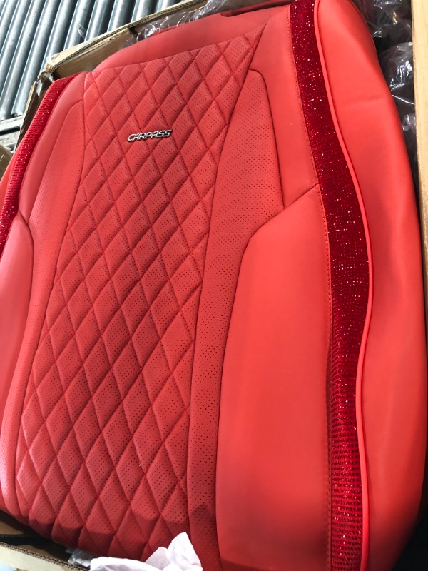 Photo 3 of CAR PASS® Diamond Nappa Leather Bling Car Seat Covers Full Set Universal Cushioned, Waterproof Heavy-Duty Anti-Slip Luxury Leather, Fit for SUV Sedan, Sparkly Glitter Shining Crystal Red Rhinestones Full Set Red leather