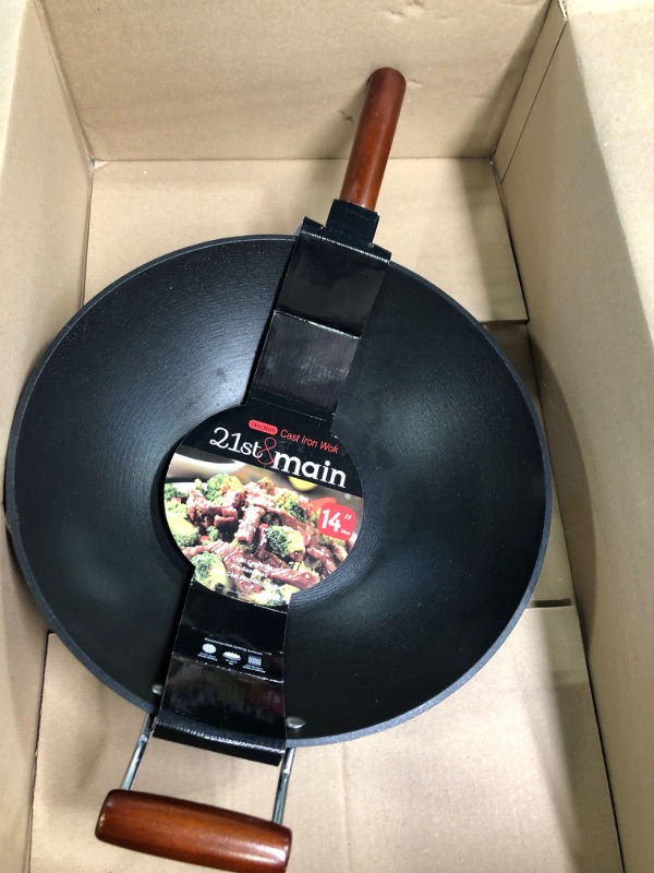 Photo 3 of 21st & Main Light weight Cast Iron Wok, Stir Fry Pan, Wooden Handle, 14 Inch, chef’s pan, pre-seasoned nonstick, commercial and household, for Chinese Japanese and others Cooking