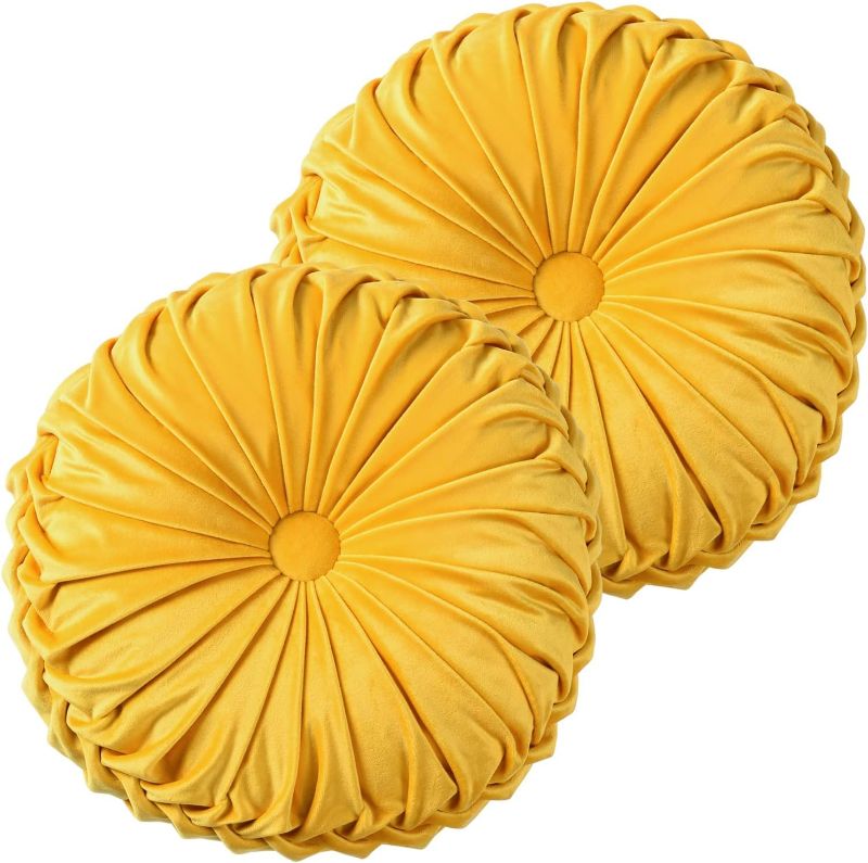 Photo 1 of 4.8 4.8 out of 5 stars 311 Reviews
HIG Set of 2 Decorative Round Pleated Throw Pillows, Classy Accent Pumpkin Throw Pillows with Center Button, Vintage Velvet Floor Pillow for Sofa Couch Vanity Chair Bed, Yellow, 14.5" Diameter(RIPPLE