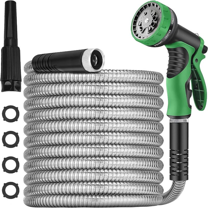 Photo 1 of 150 ft Metal Garden Hose-Upgrade Leak&Fray Resistant Design Water Hoses-304 Stainless Steel Car Washing Pipe with Solid Fittings&Sprayer Nozzle,Flexible,Lightweight Kink Free Durable Easy Storage