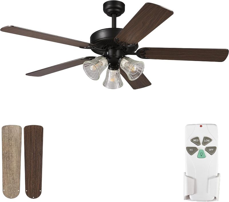 Photo 1 of 52 Inch Indoor Ceiling Fan with Light and Remote Control, Reversible Blades and Motor, 110V ETL Listed for Living Room, Dining Room, Bedroom, Basement, Kitchen