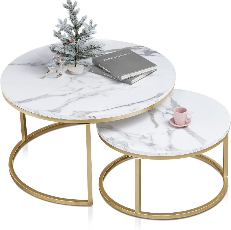 Photo 1 of 
ivinta Modern Round Nesting Coffee Table Set, with 31.5 in White Faux Marble Top and Gold Metal Legs, Accent Wooden Stacking Side Tea Table for Living Room
Color:White