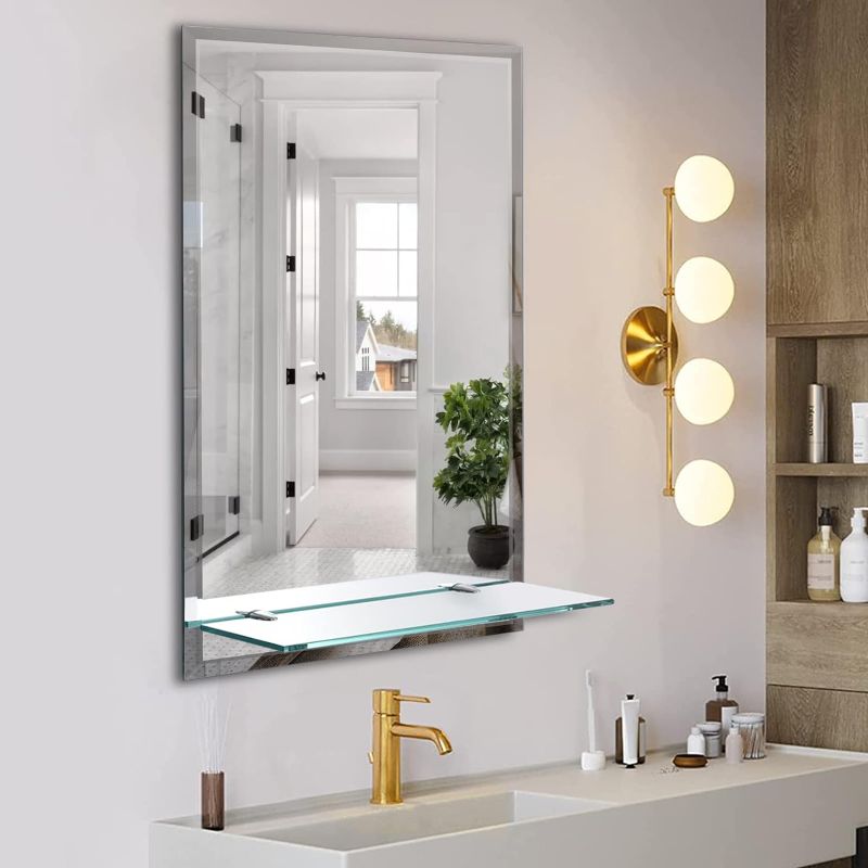 Photo 2 of 16"x24" Frameless Bathroom Mirror with Shelf, Rectangle Wall Mount Mirrors for Vanity Includes Shelves 16"x24" 
