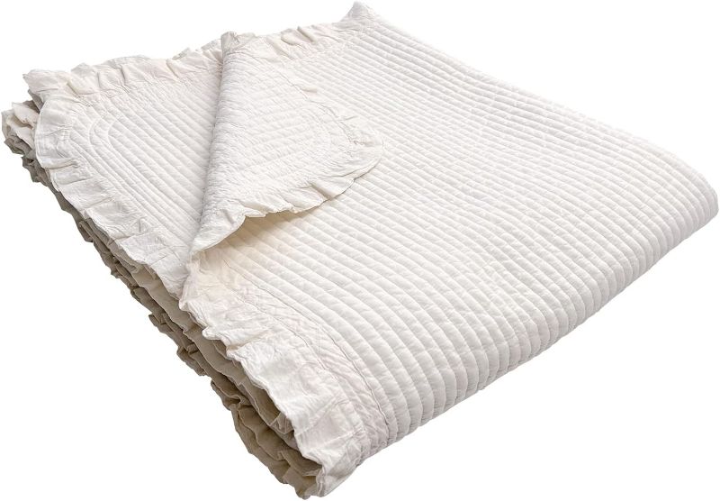 Photo 1 of 100% Cotton Frilled Bed Coverlet, Blanket – Twin Size Bed 63 x 83” - Pigment Washed Soft & Breathable Quilted Blankets for Bed